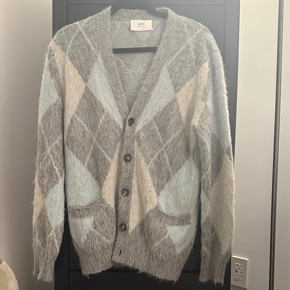 Ami Mohair-Blend Argyle Cardigan in Grey & Cream